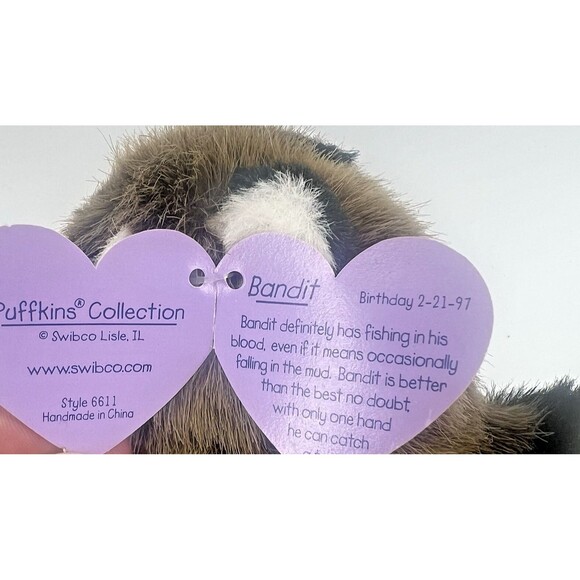 Puffkins Plush 1997 Bandit The Raccoon Collection W/Tag- Vintage 1994 - Picture 5 of 7